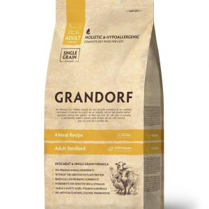 Grandorf сухой низкозерновой корм для взрослых кастрированных котов и стерилизованных кошек 4 вида мяса с индейкой, уткой, кабаном и ягненком, 400гр